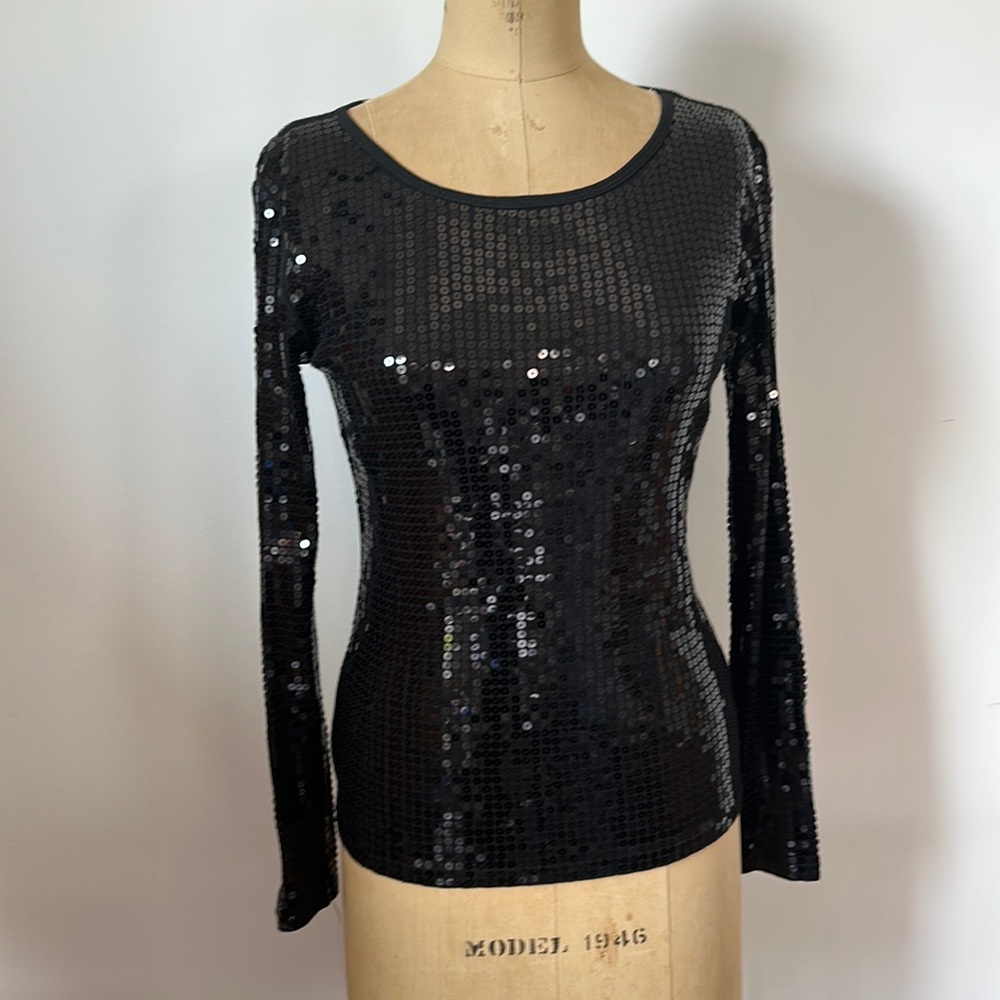 Michael Kors black sequin long sleeve t-shirt top XS 2-4 - Picture 3 of 9